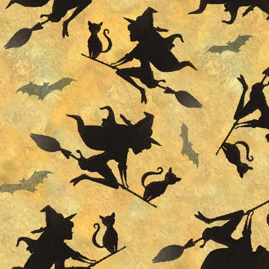 Halloween Flying Witches, Black Cat and Bats Yellow Springs Creative Cotton Fabric