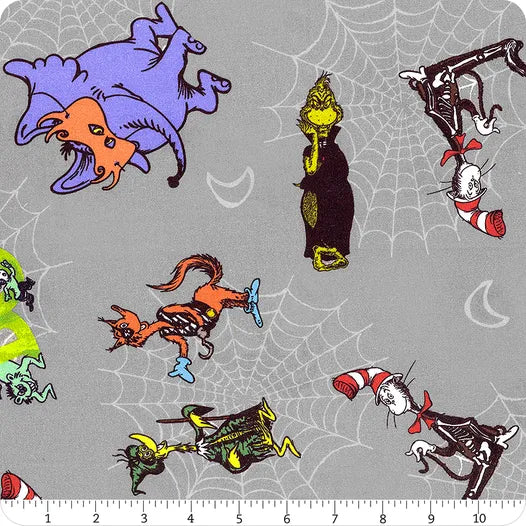 Halloween Growls, Yowls and Howls Spooky Spider Web Grey Dr. Seuss Robert Kaufman Cotton Fabric