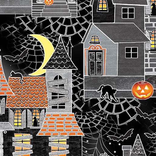 Halloween Spirit Glow Frightville Charcoal Gray Orange Kanvas Studio Benartex Cotton Fabric