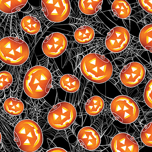 Halloween Spirit Glow Jack-O-Lanterns Black Kanvas Studio Benartex Cotton Fabric