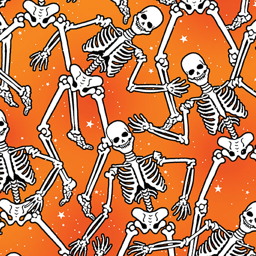 Halloween Spirit Glow Skeleton Crew Orange Kanvas Studio Benartex Cotton Fabric