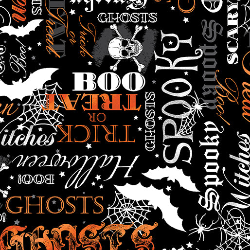 Halloween Spirit Glow Spooky Words Orange Black Kanvas Studio Benartex Cotton Fabric