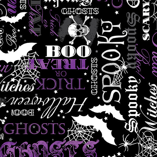 Halloween Spirit Glow Spooky Words Purple Black Kanvas Studio Benartex Cotton Fabric