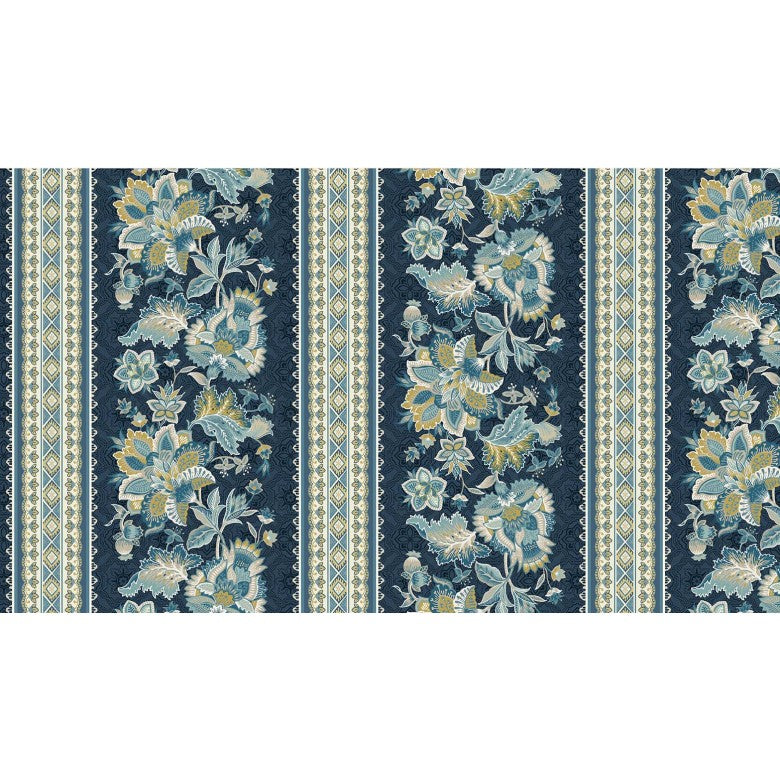 Hampton Court Gothic Stripe Floral Nite Blue Michael Miller Cotton Fabric