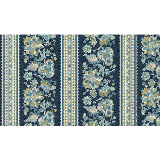 Hampton Court Gothic Stripe Floral Nite Blue Michael Miller Cotton Fabric