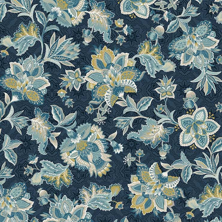 Hampton Court Jacobean Blossom Texture Floral Allover Nite Blue Michael Miller Cotton Fabric