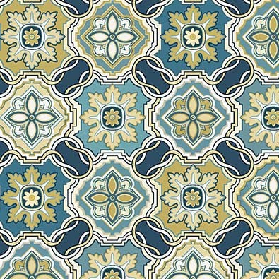 Hampton Court Mosaic Tiles Floral Nite Blue Michael Miller Cotton Fabric