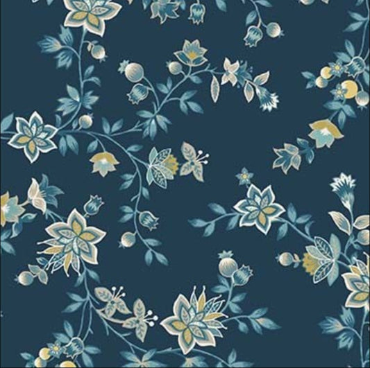 Hampton Court Tudor Floral Allover Nite Blue Michael Miller Cotton Fabric