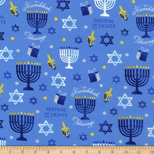 Hanukkah Blessings Dreidel Menorah Jewish Holiday One of a Kind Windham Cotton Fabric