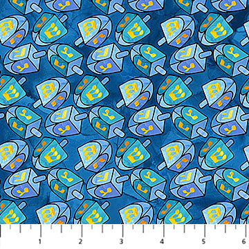 Hanukkah Lights Dreidels Light Blue Multi Deborah Edwards & Elena Belokrinitski Northcott Fabrics Cotton Fabric NC-DP28984-44
