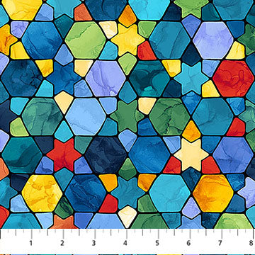 Hanukkah Lights Multistained Glass Blue Multi Deborah Edwards & Elena Belokrinitski Northcott Fabrics Cotton Fabric NC-DP28982-46