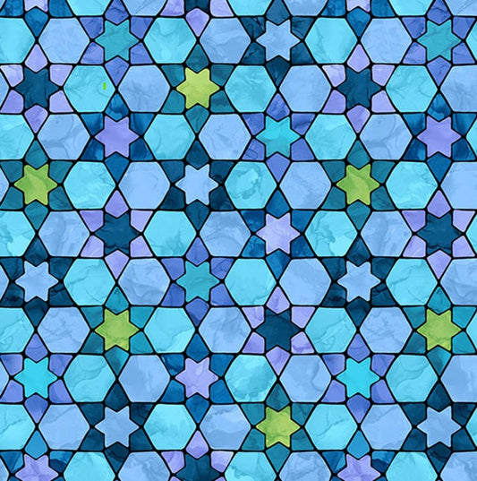 Hanukkah Lights Tonal Stained Glass Light Blue Deborah Edwards & Elena Belokrinitski Northcott Fabrics Cotton Fabric NC-DP28983-44