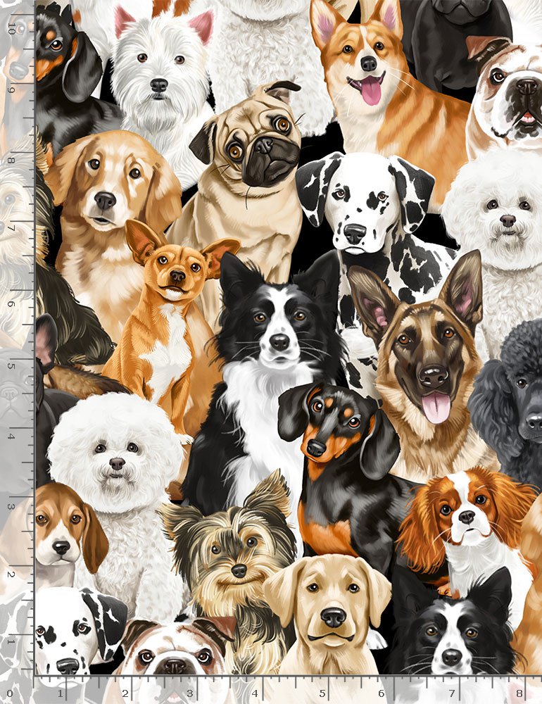 Happiness Has Paws Packed Realistic Dogs Multi George McCartney Timeless Treasures Cotton Fabric