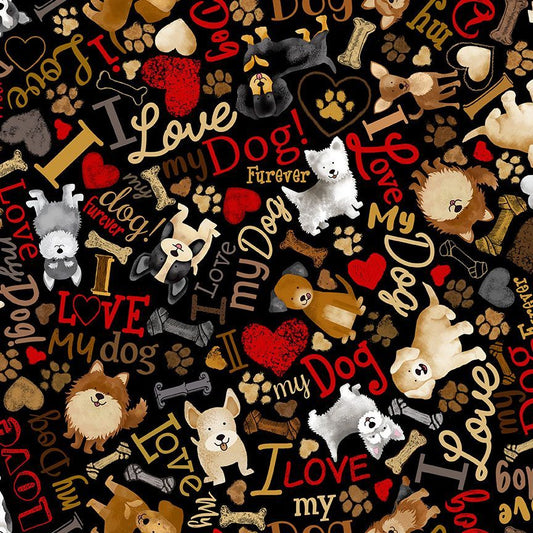 Happiness Has Paws Tossed Dogs & Words Black Timeless Treasures Cotton Fabric