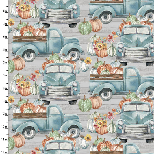 Happy Harvest Blue Pumpkin Truck Grey Courtney Morgenstern 3 Wishes Cotton Fabric