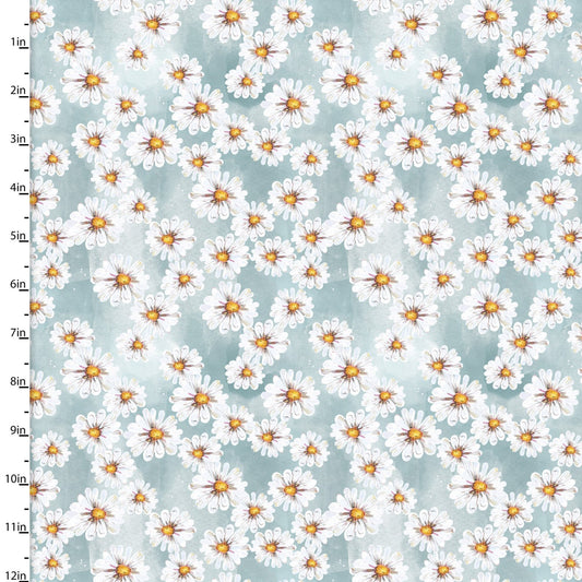 Happy Harvest Daisies Blue Courtney Morgenstern 3 Wishes Cotton Fabric