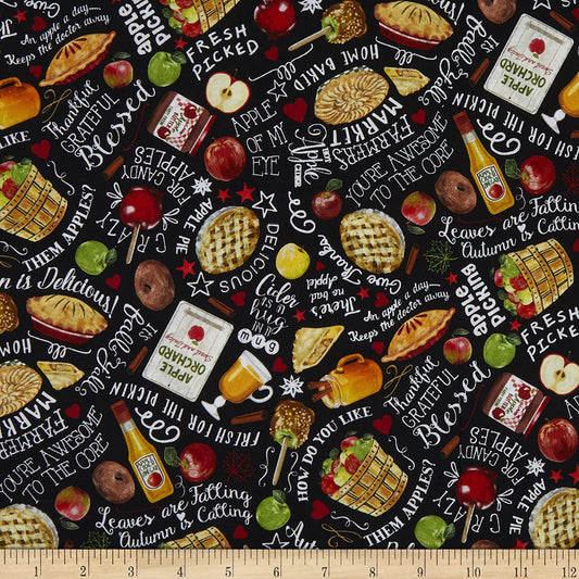 Happy Harvest Treats and Words Black Timeless Treasures Cotton Fabric