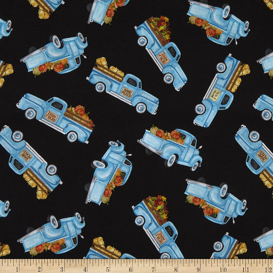 Happy Harvest Trucks Blue Black Timeless Treasures Cotton Fabric