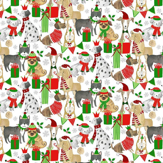 Happy Howlidays Dogs Present White Timeless Treasures Cotton Fabric