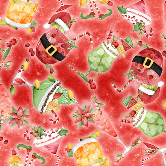 Happy Alcoholidays Jingle Juice Toss Red Deane Beesley 3 Wishes Cotton Fabric 3W-24572-RED