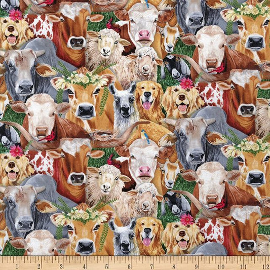Happy Farm Animals Packed Elizabeth's Studio Cotton Fabric