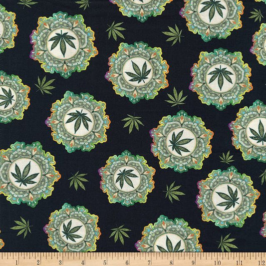 Happy Harvest Cannabis Large Medallions Black Dan Morris Quilting Treasures Cotton Fabric