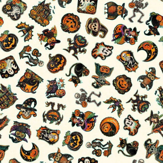 Happy Haunting Halloween Character Toss Cream Morris Creative Group Treasures Cotton Fabric QT-2600-31045-E