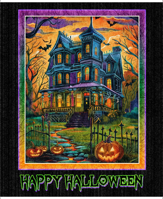 Happy Haunting Haunted Mansion Panel 36" Multi Morris Creative Group Treasures Cotton Fabric QT-2600-31042-X