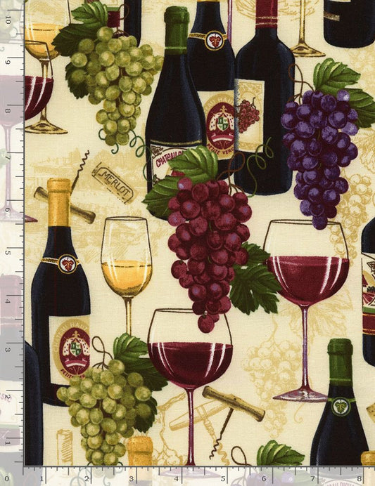 Happy Hour Wine Bottles and Grapes Sand Timeless Treasures Cotton Fabric TT-WINE-CD6311-SAND