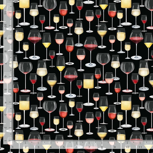 Happy Hour Wine Glasses Black Timeless Treasures Cotton Fabric TT-WINE-CD3828-BLACK