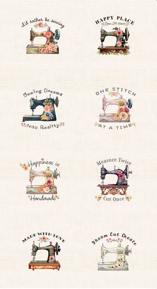 Happy Place Floral Sewing Machines Panel 24" Cream Timeless Treasures Cotton Fabric TT-PANEL-CD3873-CREAM
