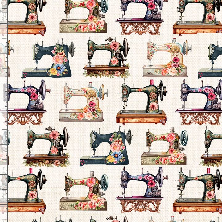 Happy Place Floral Sewing Machines Ecru Cream Timeless Treasures Cotton Fabric TT-SEW-CD3874-ECRU