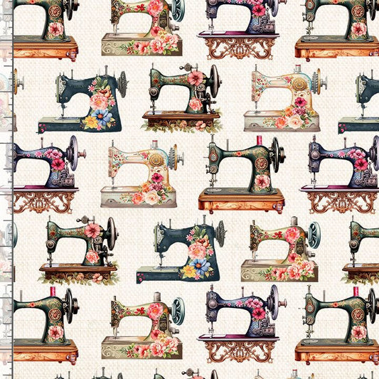 Happy Place Floral Sewing Machines Ecru Cream Timeless Treasures Cotton Fabric TT-SEW-CD3874-ECRU