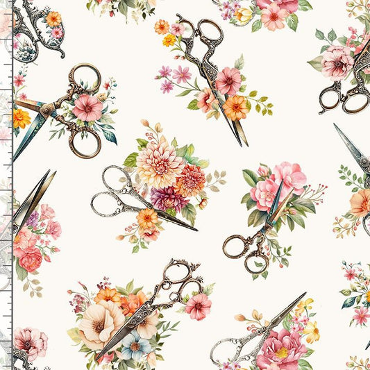 Happy Place Tossed Floral Scissors Cream Timeless Treasures Cotton Fabric TT-SEW-CD3875-CREAM