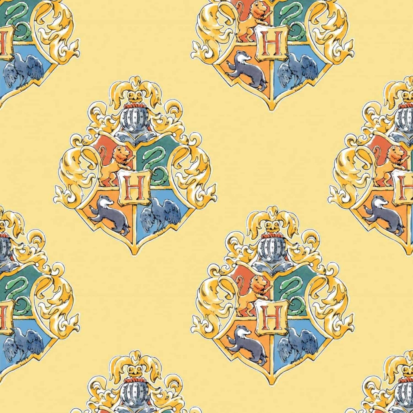 Harry Potter Fabric Wizarding World Watercolor Crest Yellow Camelot Cotton Fabric