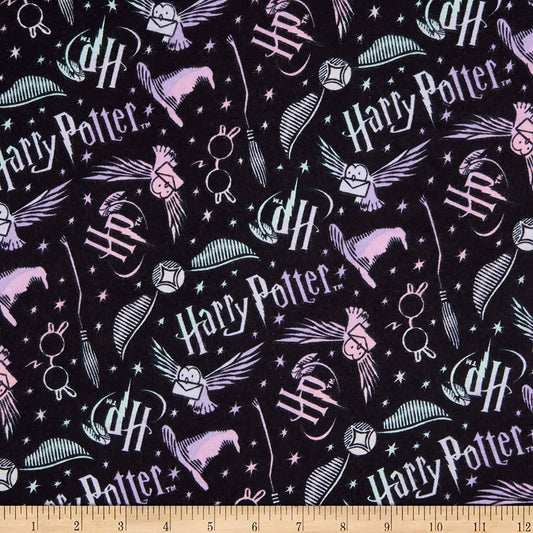 Harry Potter Tossed Assets Black Camelot  FLANNEL fabric