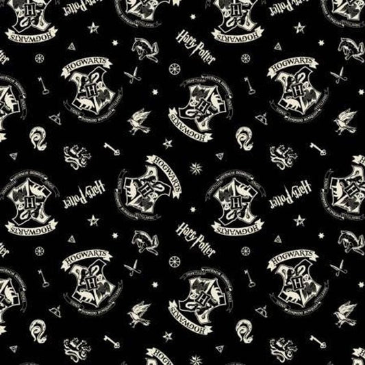 Harry Potter Hogwarts Crest Tossed Assets Black Camelot Cotton Fabric