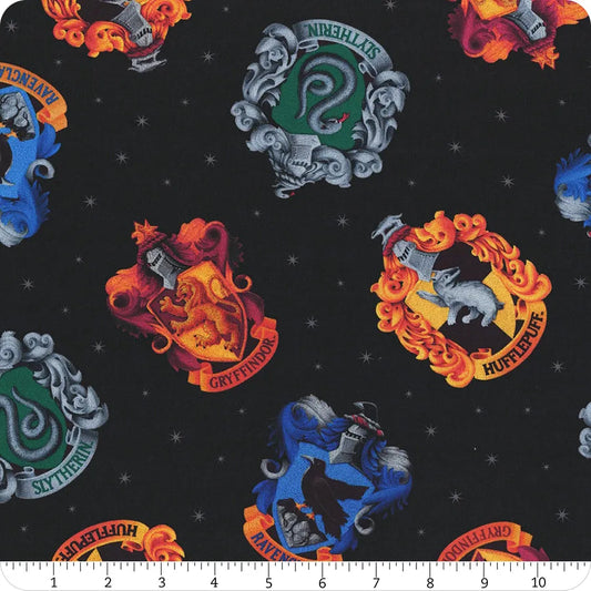 Harry Potter Hogwarts Crests Black Warner Bros. Benartex Cotton Fabric BE-15213-12