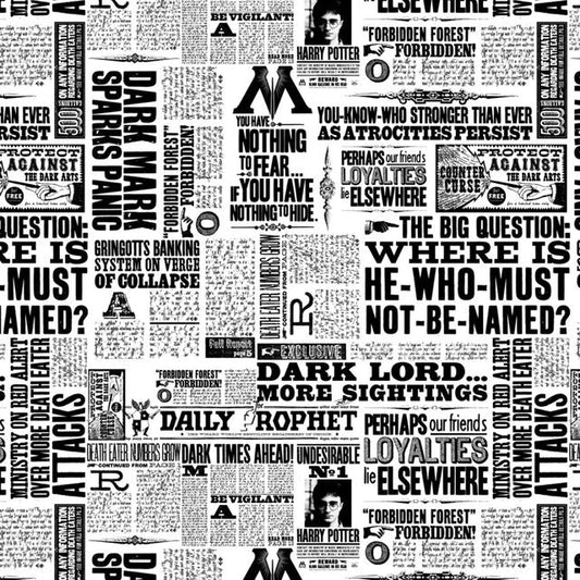 Harry Potter Newspaper Black and White Camelot Cotton Fabric