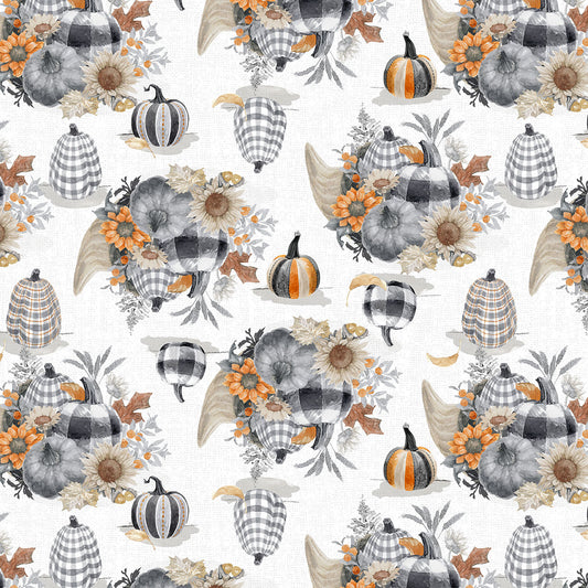 Harvest Classics Pumpkins & Cornucopias White Anna Bailey Blank Quilting Cotton Fabric