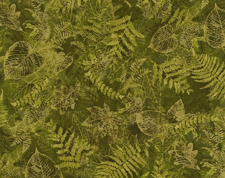 Harvest Gold Metallic Leaves Green Timeless Treasures Cotton Fabric