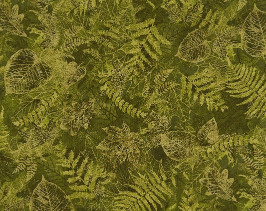 Harvest Gold Metallic Leaves Green Timeless Treasures Cotton Fabric