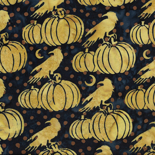 Harvest Night Pumpkin Raven Navy Blue Island Batik Cotton Fabric