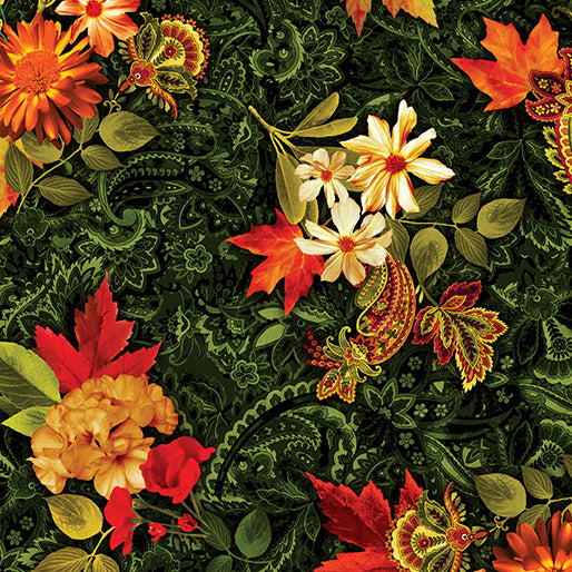 Harvest Beauty Autumn Bouquets Green Kanvas Studio Benartex Cotton Fabric BE-15273-44