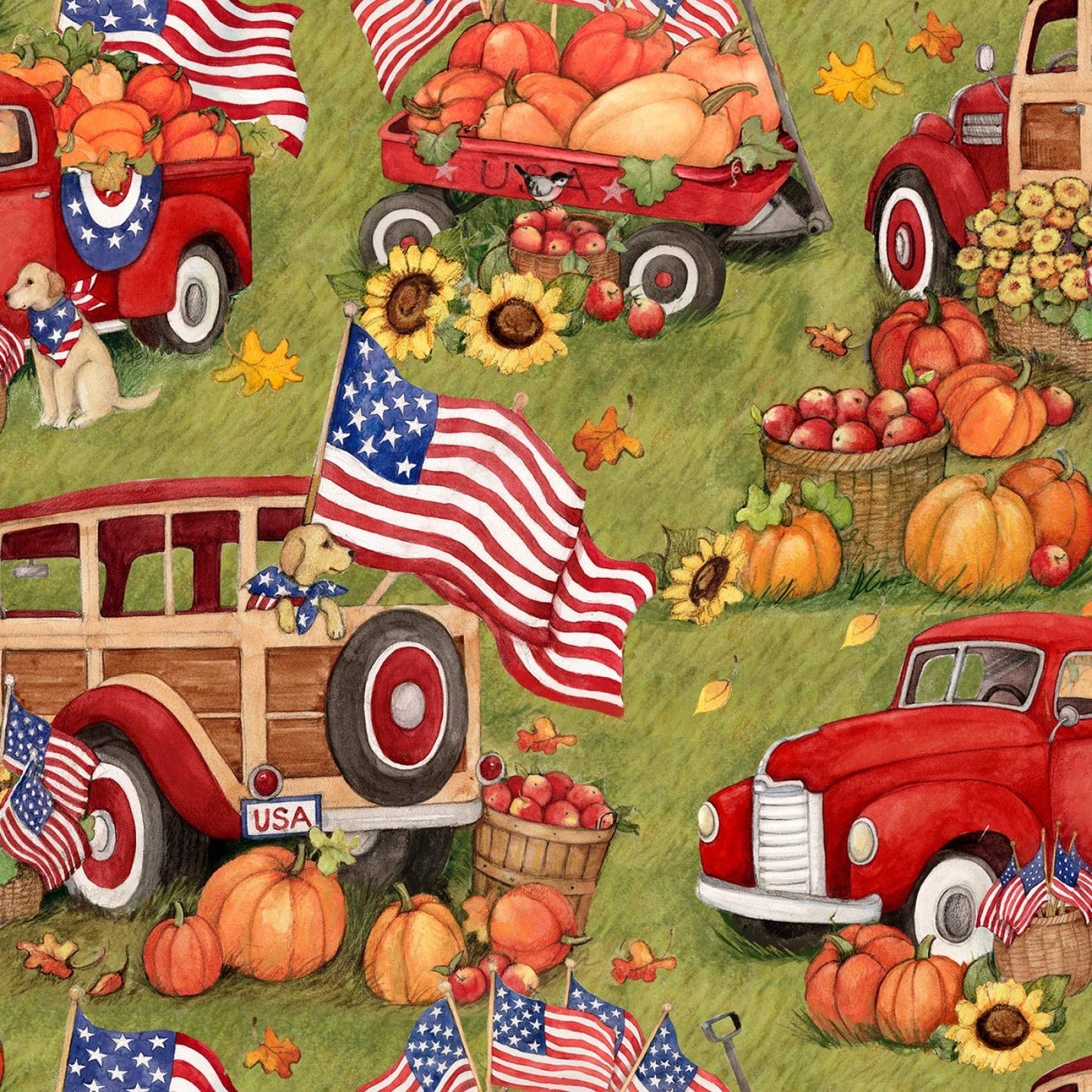 Harvest Patriotic Red Truck Farm Fall Pumpkins Springs Creative Cotton Fabric