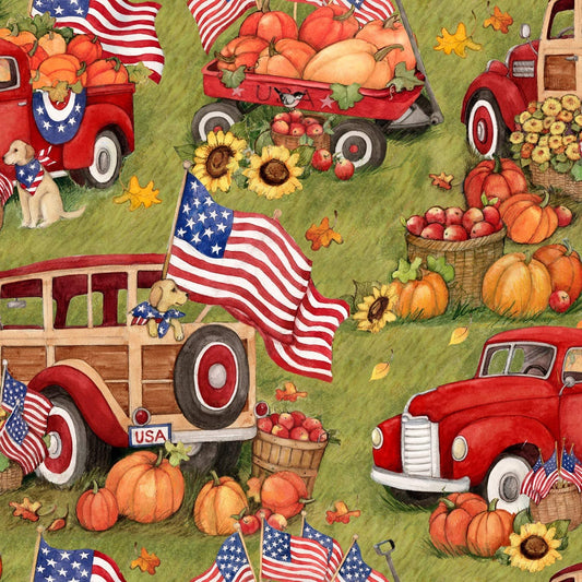 Harvest Patriotic Red Truck Farm Fall Pumpkins Springs Creative Cotton Fabric