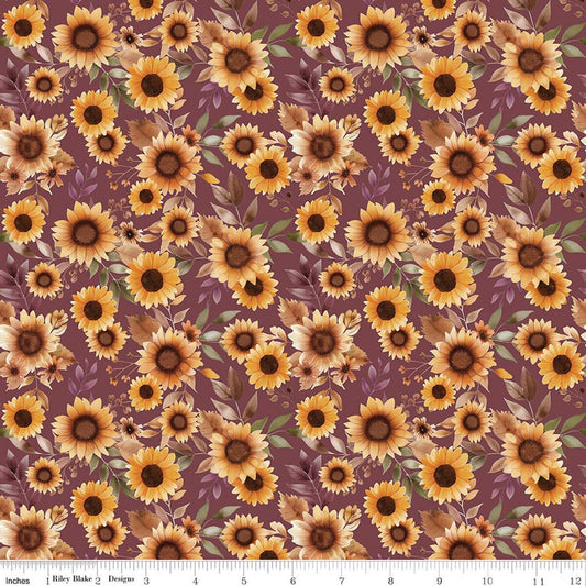 Harvest on the Prairie Sunflowers Wine Dark Pink Modern Prairie Riley Blake Cotton Fabric RB-C18280-WINE