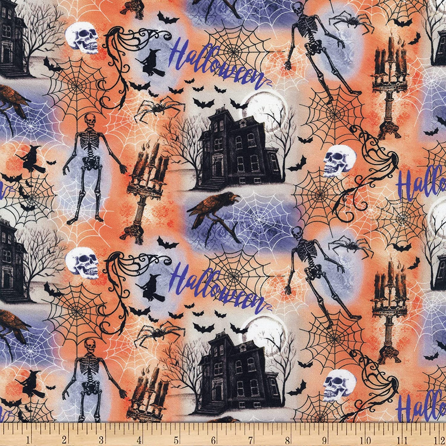 Haunted House Skeletons Skulls Spider web Orange Whistler Studio Windham Cotton Fabric