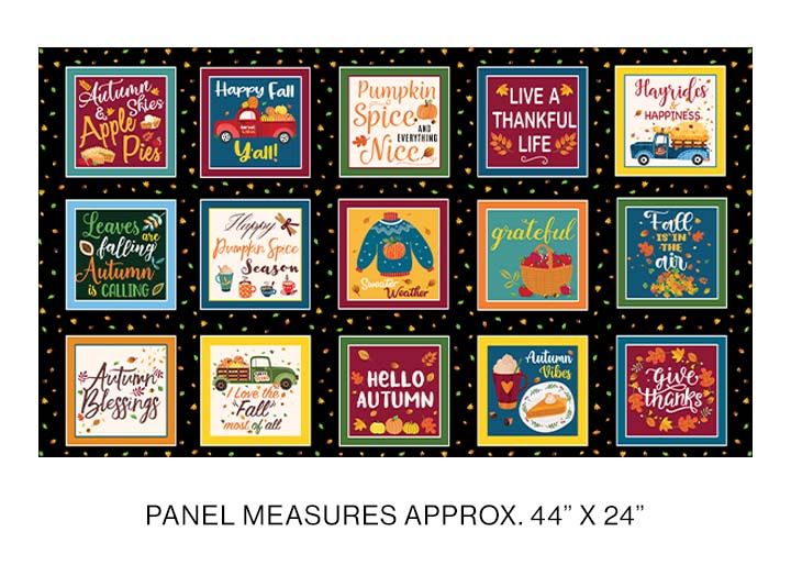 Hayrides & Happiness Autumn Boxes Black Panel 24" Kanvas Studio Benartex Cotton Fabric | US Fabric Shop