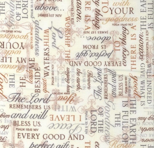 He Leads Me Bible Verse Words Allover Ivory Cream Christine Adolph Blank Quilting Cotton Fabric